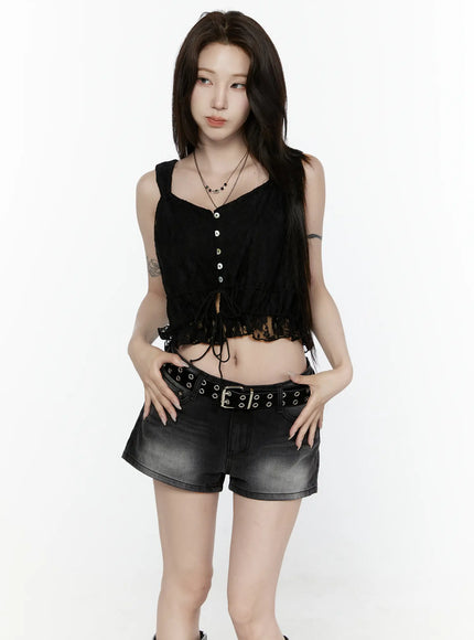 Lace Button-Up Cami Blouse IL522 Black front model shot layered necklaces hands on belt loops drawstring open hem lace crop top with denim shorts