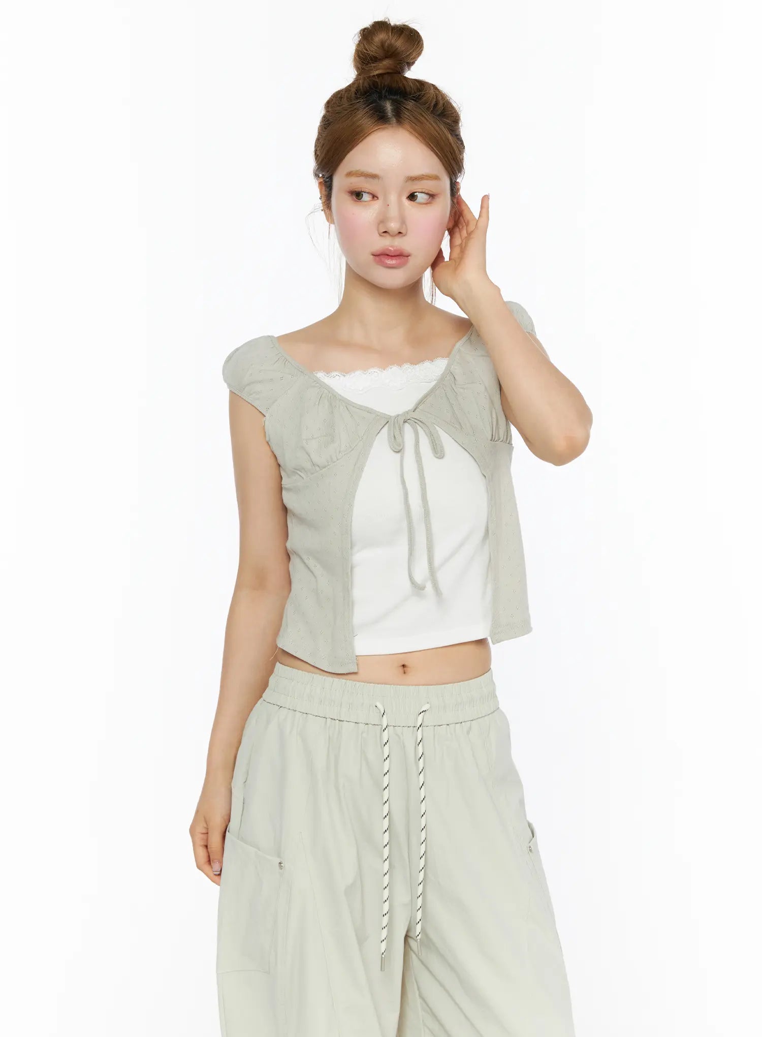Lace Cami Tie-Front Puff Sleeve Blouse CL501 in Beige, size S/M