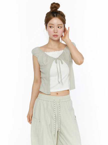 Lace Cami Tie-Front Puff Sleeve Blouse CL501 in Beige, size S/M