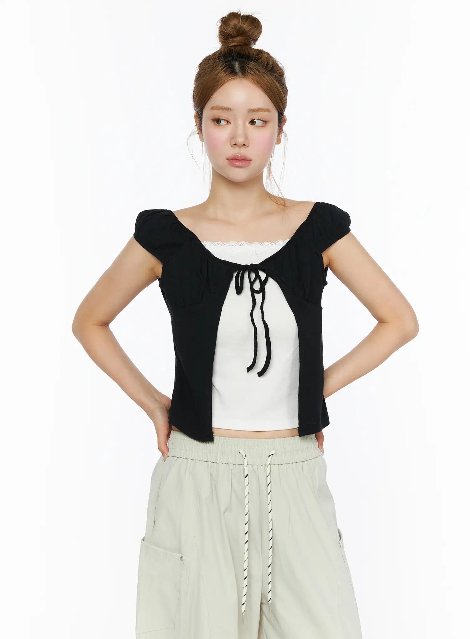 Lace Cami Tie-Front Puff Sleeve Blouse CL501 in Black, size S/M