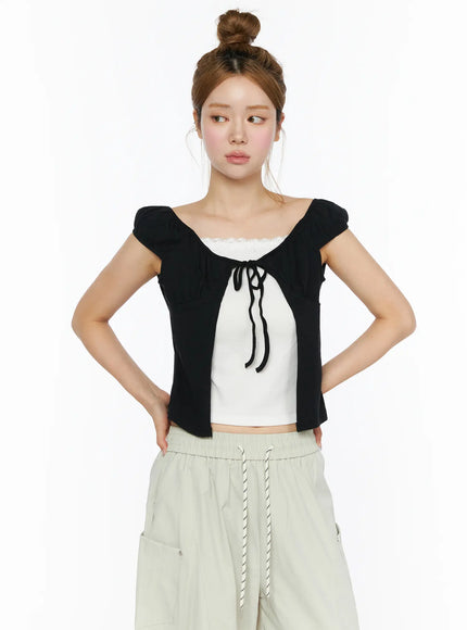 Lace Cami Tie-Front Puff Sleeve Blouse CL501 in Black, size S/M