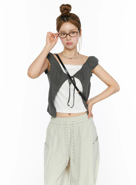 Lace Cami Tie-Front Puff Sleeve Blouse CL501 - Romantic style | LEWKIN
