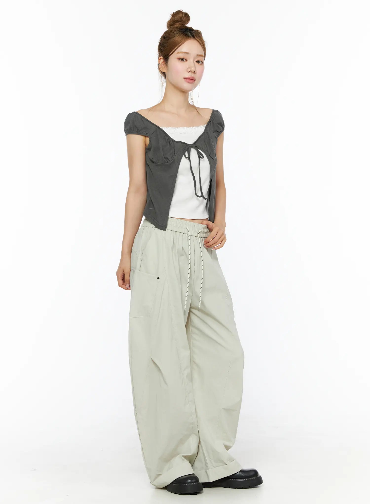 Lace Cami Tie-Front Puff Sleeve Blouse CL501 Dark gray full-body front shot on model size S/M with tie-front open neckline styled with wide-leg cargo pants