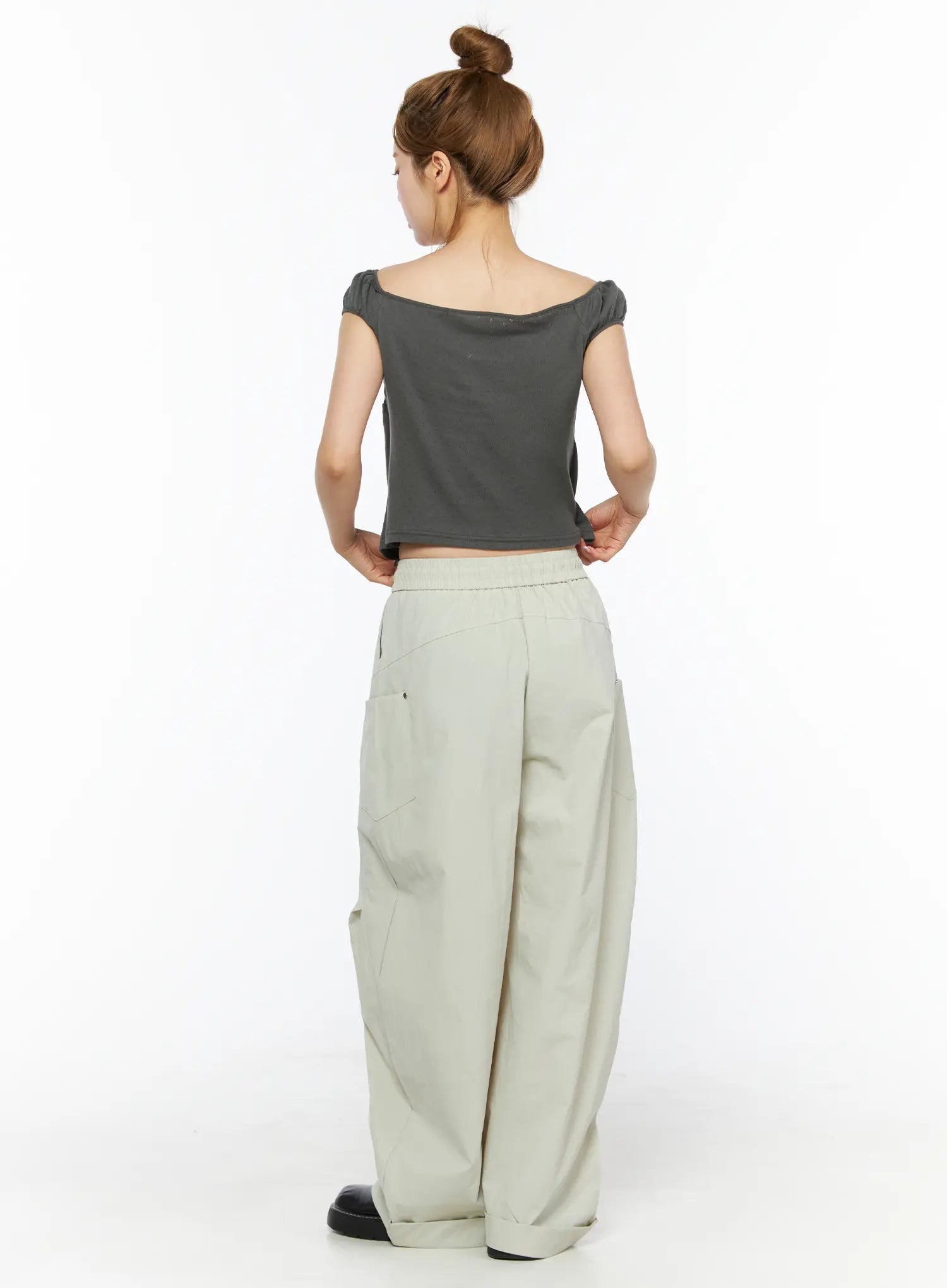 Lace Cami Tie-Front Puff Sleeve Blouse CL501 Dark gray back shot on model size S/M showing wide off-shoulder neckline and cropped hem over wide-leg pants