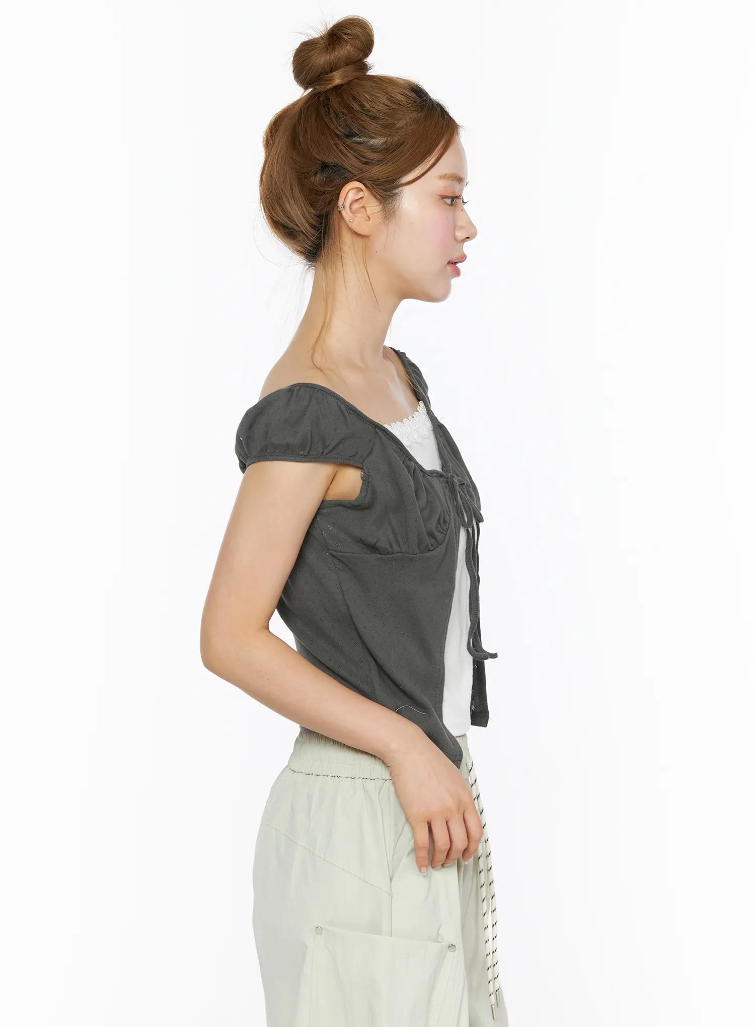 Lace Cami Tie-Front Puff Sleeve Blouse CL501 Dark gray close-up side shot on model size S/M highlighting puff sleeve structure and front tie-bow detail