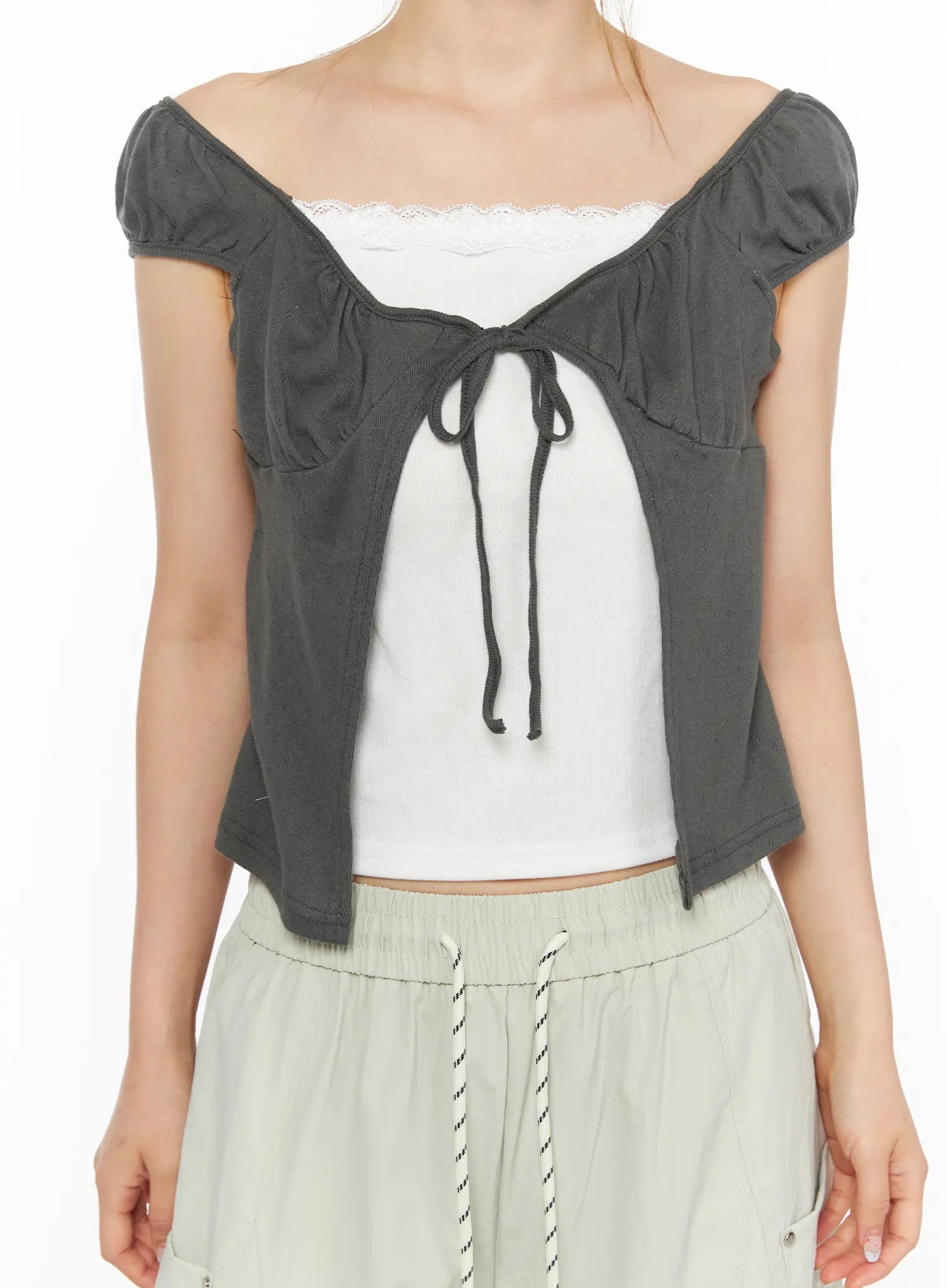 Lace Cami Tie-Front Puff Sleeve Blouse CL501 Dark gray close-up front shot on model showing bust dart ruching open tie-front and puff cap sleeves over lace cami