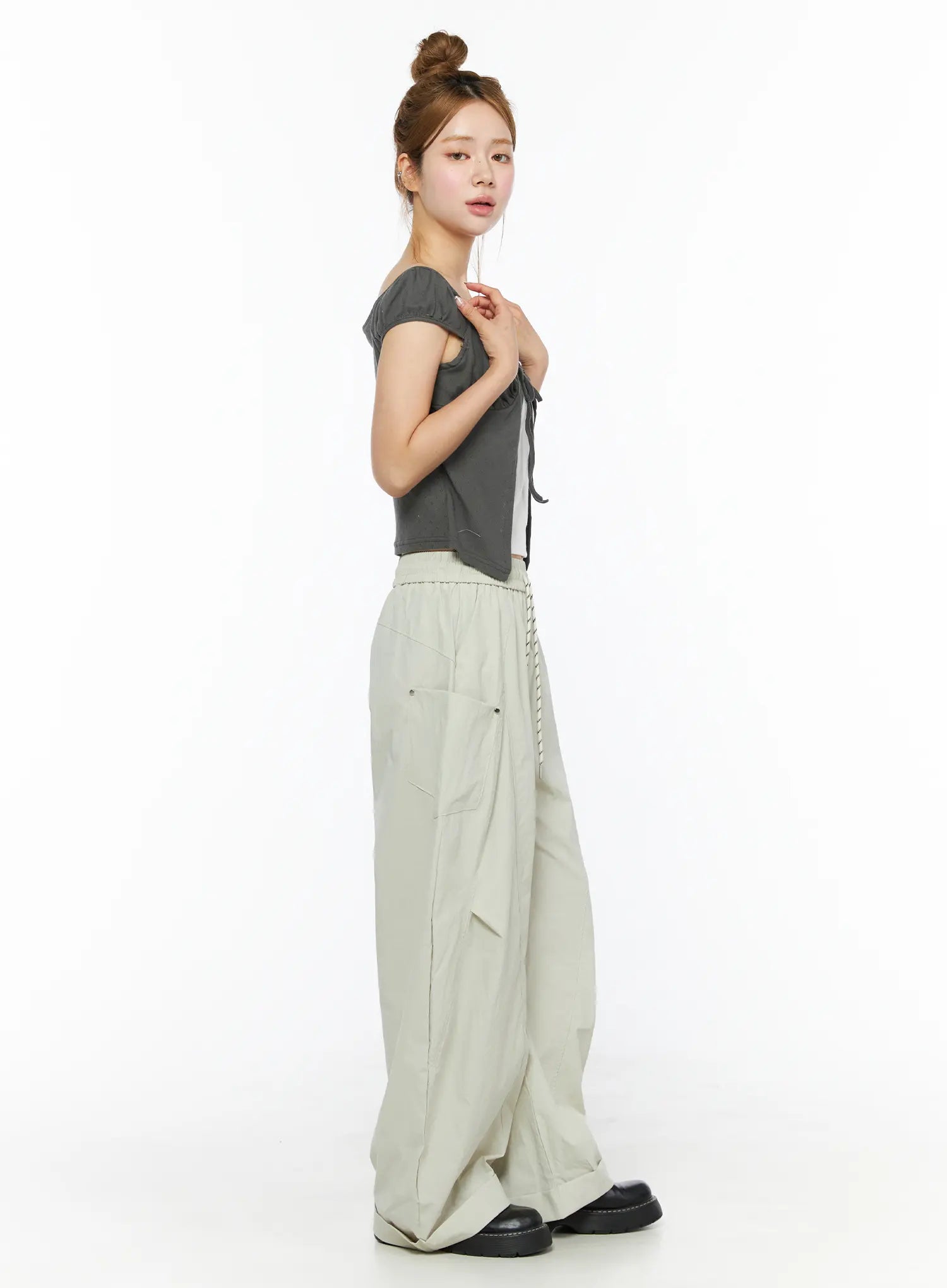 Lace Cami Tie-Front Puff Sleeve Blouse CL501 Dark gray side profile shot on model size S/M showing puff cap sleeve and open tie-front detail over white cami