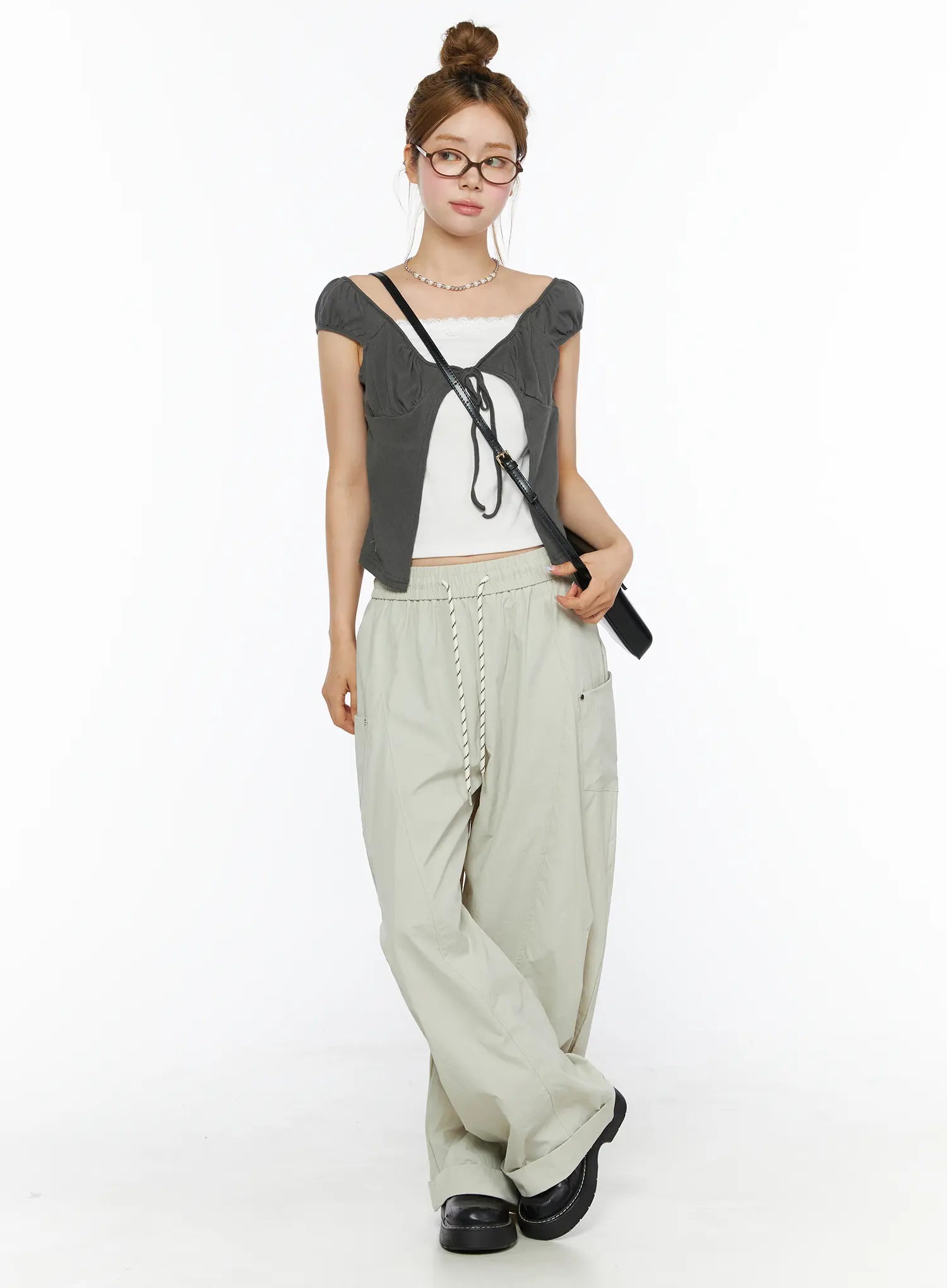 Lace Cami Tie-Front Puff Sleeve Blouse CL501 Dark gray full-body front shot on model size S/M with crossbody bag glasses and necklace styled over white cami