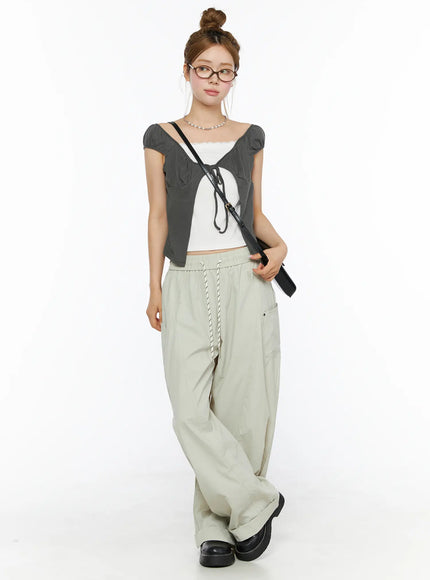 Lace Cami Tie-Front Puff Sleeve Blouse CL501 Dark gray full-body front shot on model size S/M with crossbody bag glasses and necklace styled over white cami