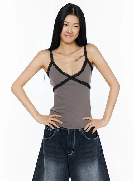 Lace Contrast Cami Top IL509 in Dark brown, size S/M