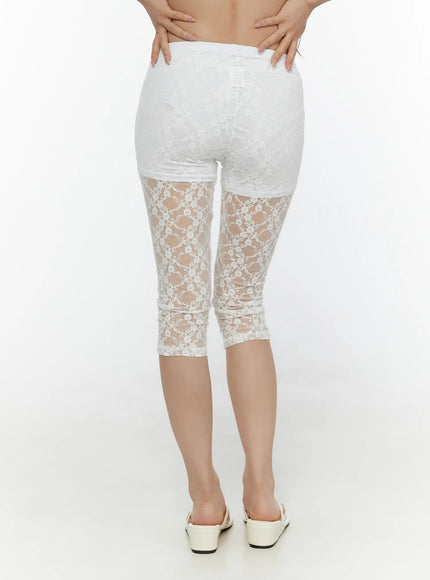 Lace Detail Capri Leggings CL508 White back close-up on model hands on hips showing rear sheer floral lace capri legging with opaque waistband and white wedge sandals