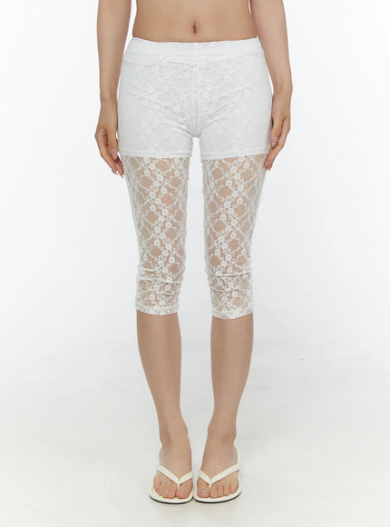 LEWKIN Lace Detail Capri Leggings CL508 White S/M front view on model standing straight showing sheer floral lace lower leg and opaque upper panel with flip-flops