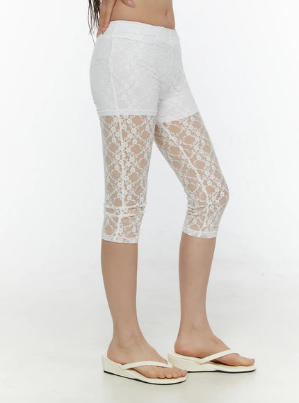 Lace Detail Capri Leggings CL508 White side view on model showing sheer floral lace capri length transparent lower leg panel and elasticated waistband with flip-flops