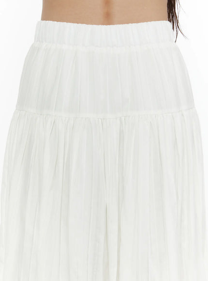 Lace Flared Maxi Skirt CL507 white close-up detail of elastic waistband showing tiered pleated panel construction from waist down