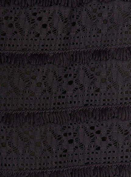 Lace Frill Shorts CU529 Black close-up detail shot showing alternating openwork crochet lace panels and fringe trim stripe texture fabric construction