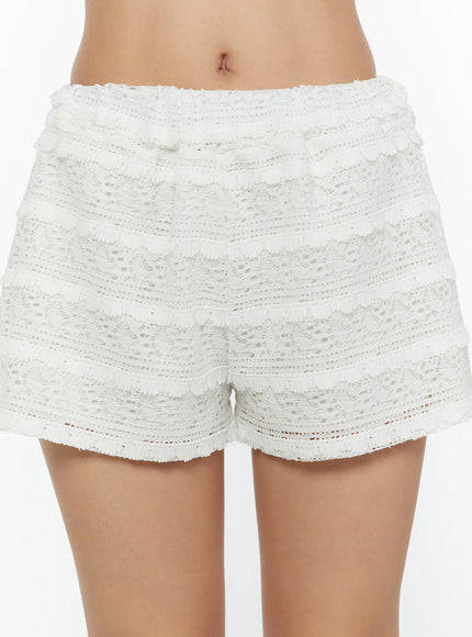 Lace Frill Shorts CU529 White close-up front shot on model without top showing elastic waistband pom-pom fringe trim and openwork crochet lace texture