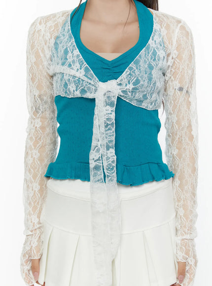 Lace Front-Tie Bolero CL507 White close-up detail of upper body showing front tie bow, floral lace texture overlay on teal ribbed inner top