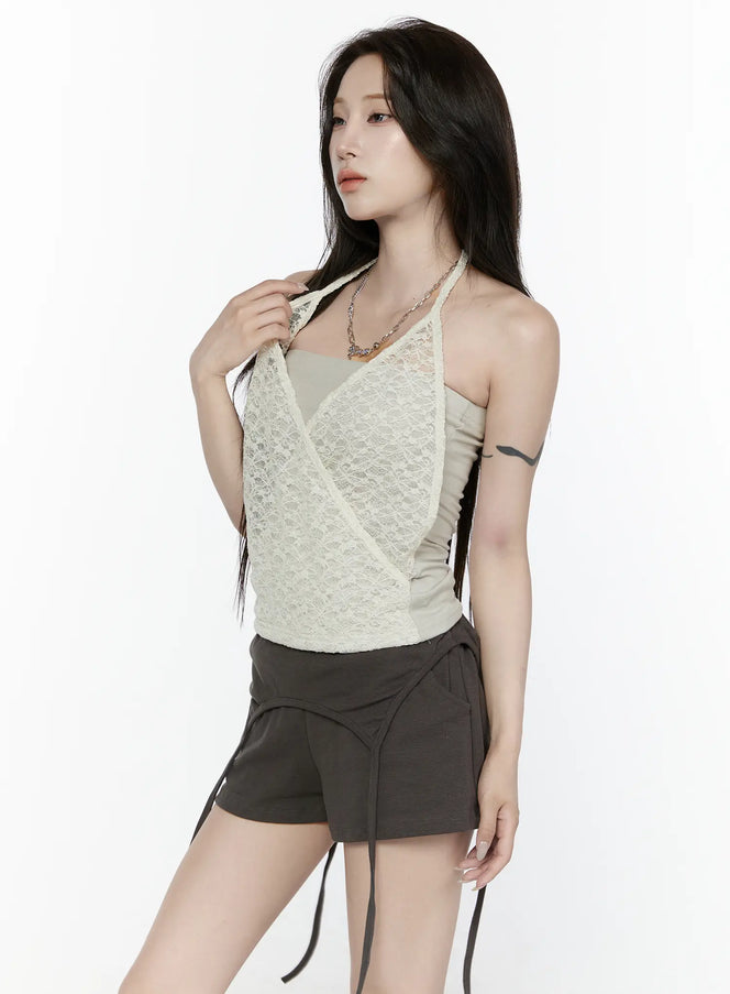Lace Halter-Neck Top IL522 in Beige, size S/M