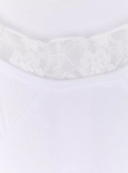 Lace Halter Tee IU525 White close-up detail shot of white floral lace U-neckline trim and seam stitching on white jersey fabric