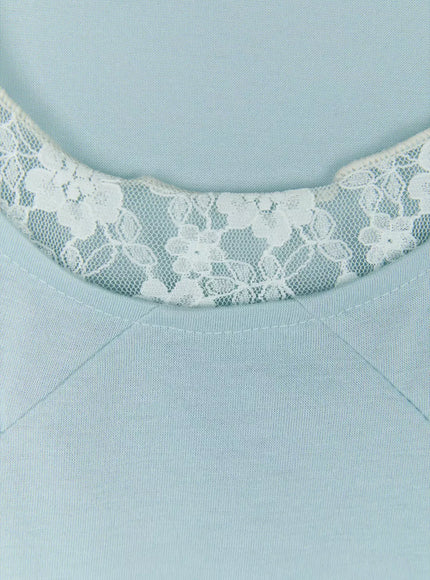 Lace Halter Tee IU525 Light blue close-up detail shot of white floral lace U-neckline trim contrasting against light blue jersey fabric