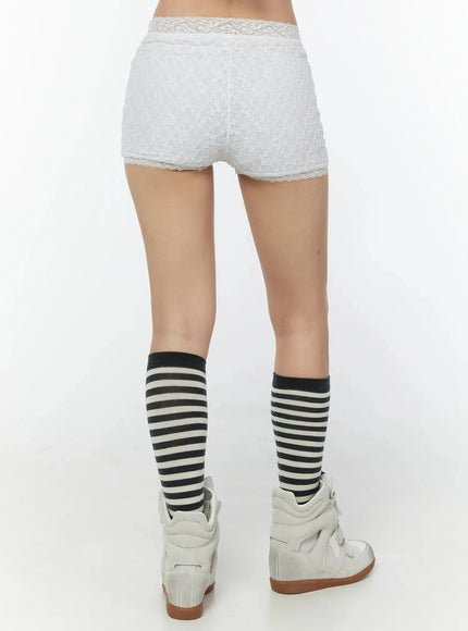 Lace Layered Micro Shorts IU524 White back waist-to-ankle close shot showing back lace panel scalloped lace hem and lace waistband detail with striped knee socks