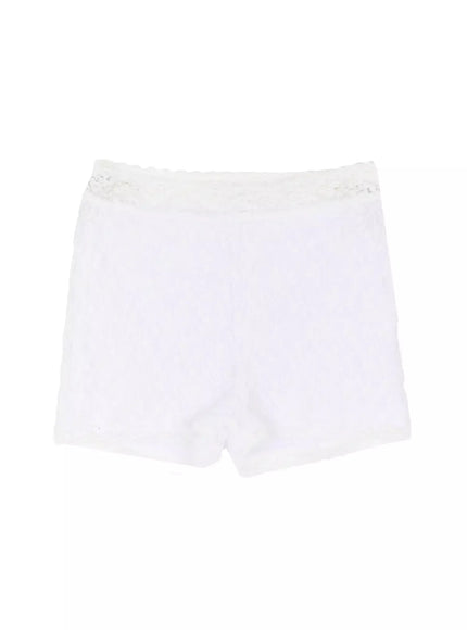 Lace Layered Micro Shorts IU524 White flat-lay back view showing full silhouette scalloped lace waistband and all-over floral lace fabric on white background