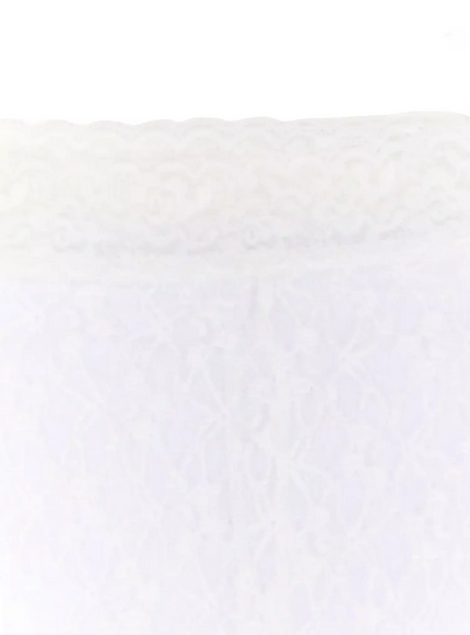 Lace Layered Micro Shorts IU524 White extreme close-up detail of scalloped lace waistband trim showing delicate floral lace pattern and sheer texture