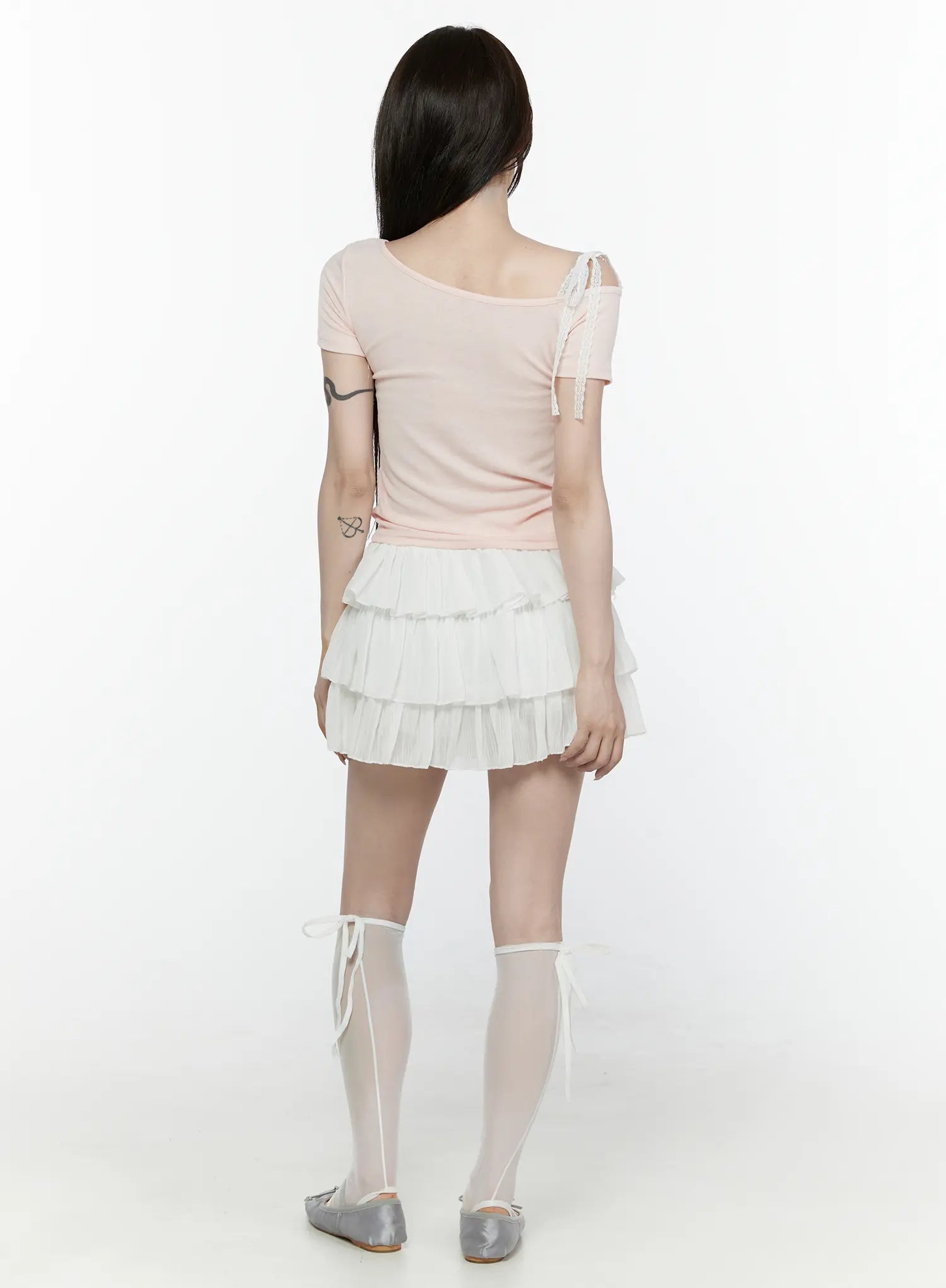 Lace Off-Shoulder Top IL521 Pink back shot on model standing straight showing lace strap detail on shoulder and ribbed fitted back