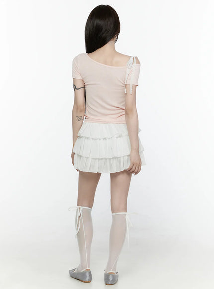 Lace Off-Shoulder Top IL521 Pink back shot on model standing straight showing lace strap detail on shoulder and ribbed fitted back