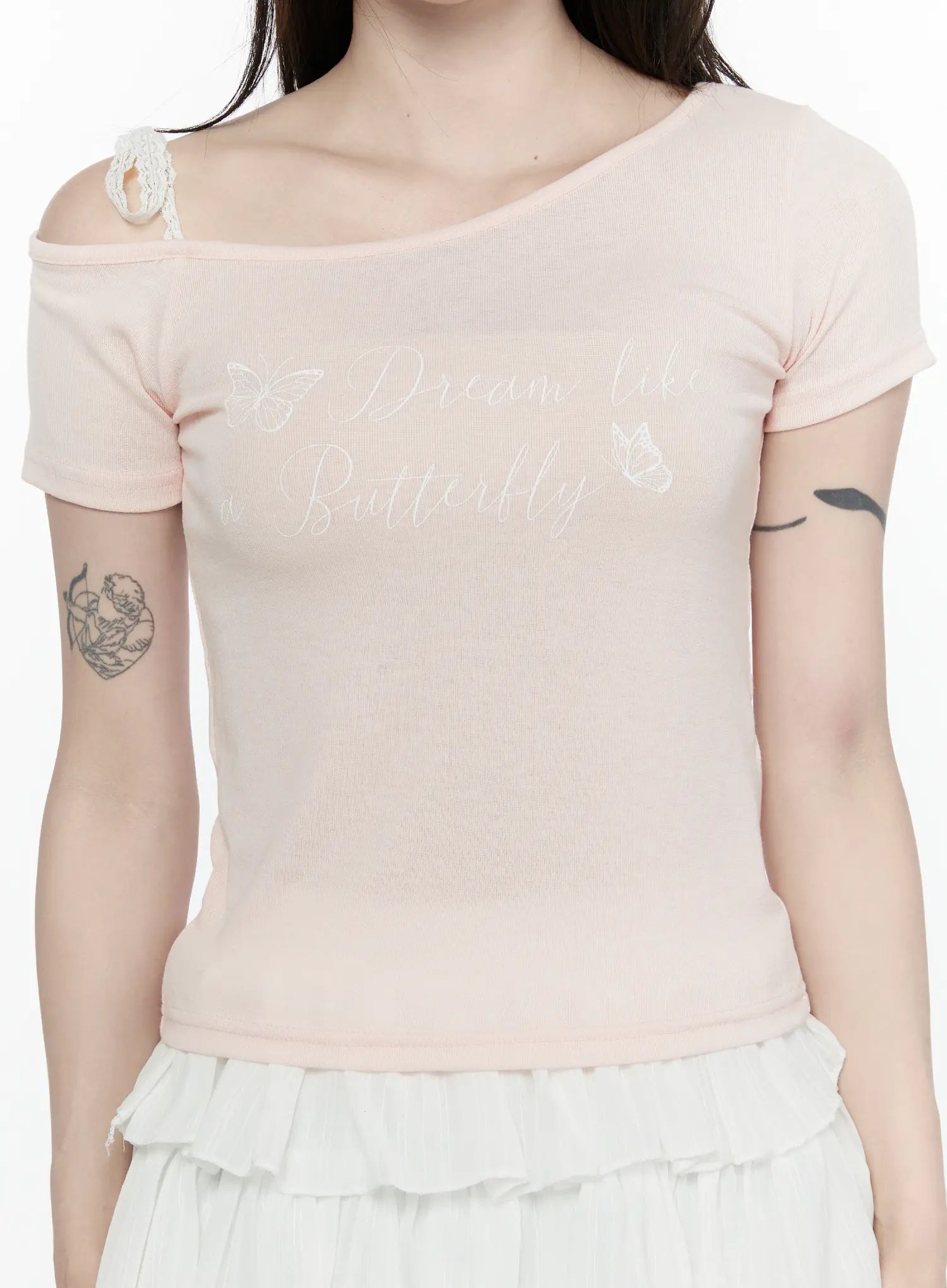 Lace Off-Shoulder Top IL521 Pink close-up front shot showing Dream like a Butterfly script print with butterfly motif on ribbed knit fabric