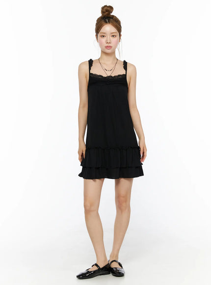 Lace Ruffle Mini Dress CL501 in Black, size S/M