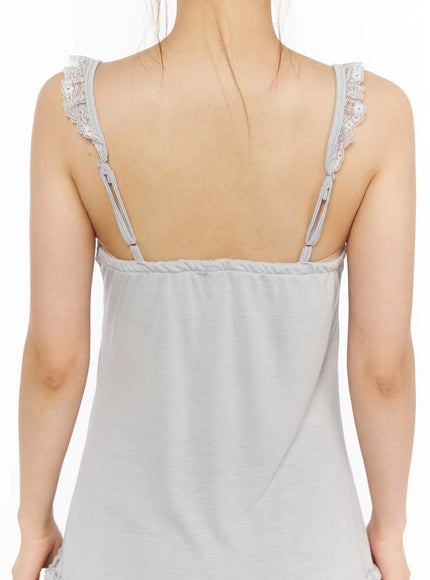 Lace Ruffle Mini Dress CL501 Gray close-up back detail shot showing lace ruffle strap trim, adjustable ties, and gathered back neckline band