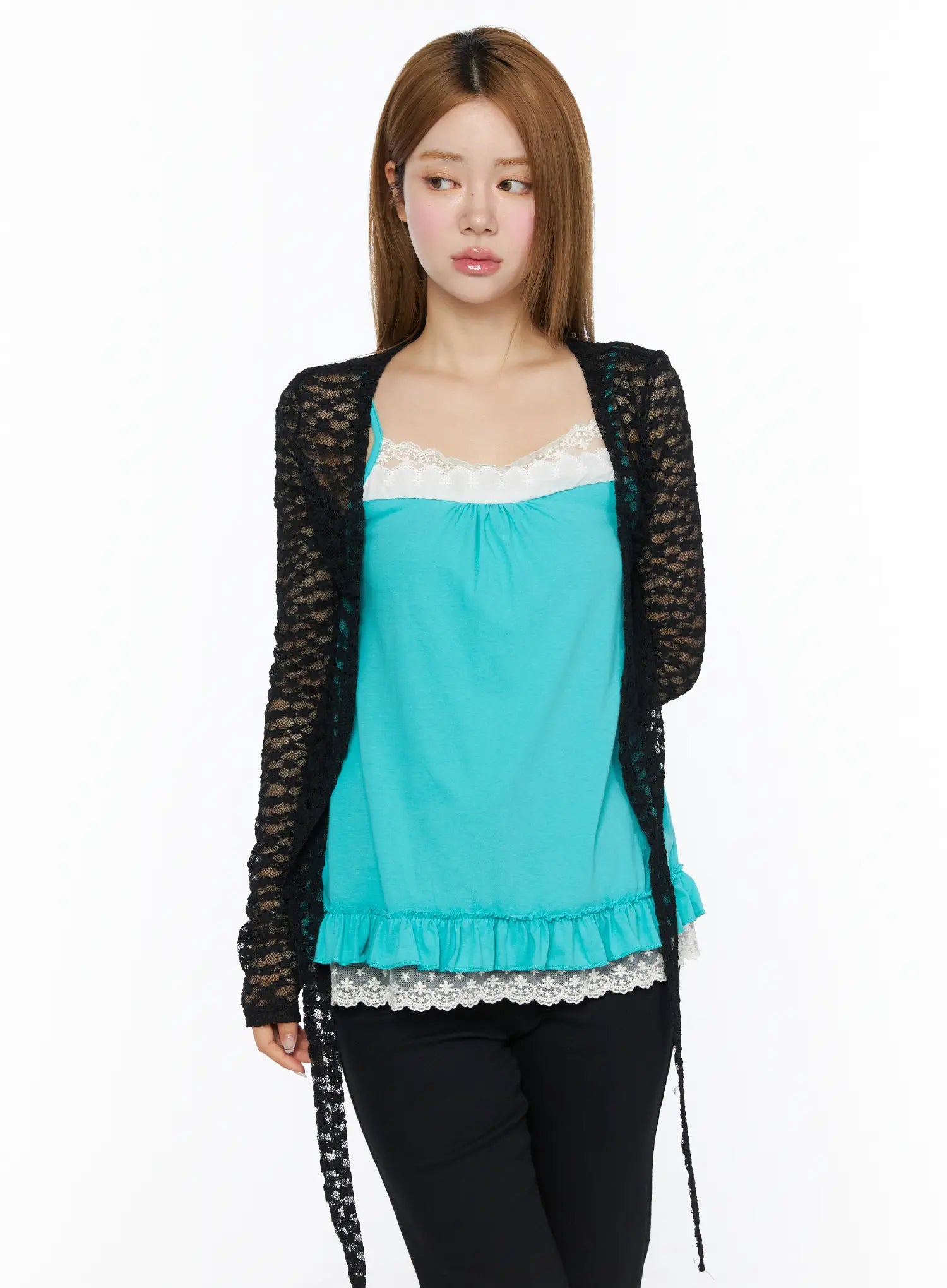 Lace Sheer Crop Cardigan CL502 in Black, size S/M