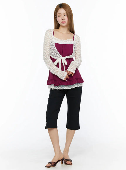 Lace Sheer Crop Cardigan CL502 White full-length front shot on model paired with magenta ruffle cami and black cropped pants, gazing to the side