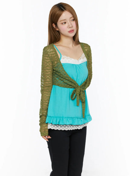 Lace Sheer Crop Cardigan CL502 in Green, size S/M