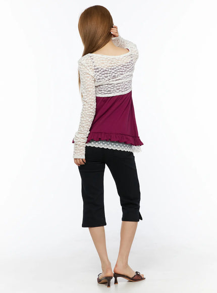 Lace Sheer Crop Cardigan CL502 White back shot on model showing sheer lace panel across shoulders and back over magenta ruffle-hem cami with floral lace trim