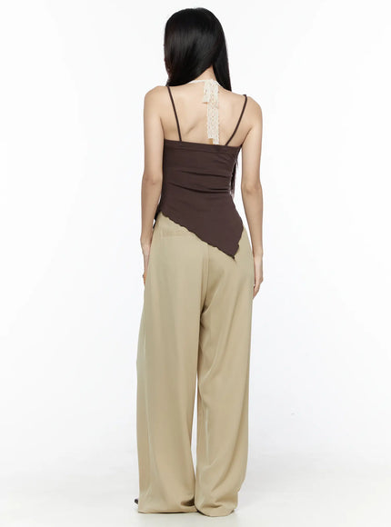 Lace Trim Asymmetric Cami CL524 Brown back shot on model showing spaghetti straps lace ribbon detail at neckline and asymmetric scalloped hem