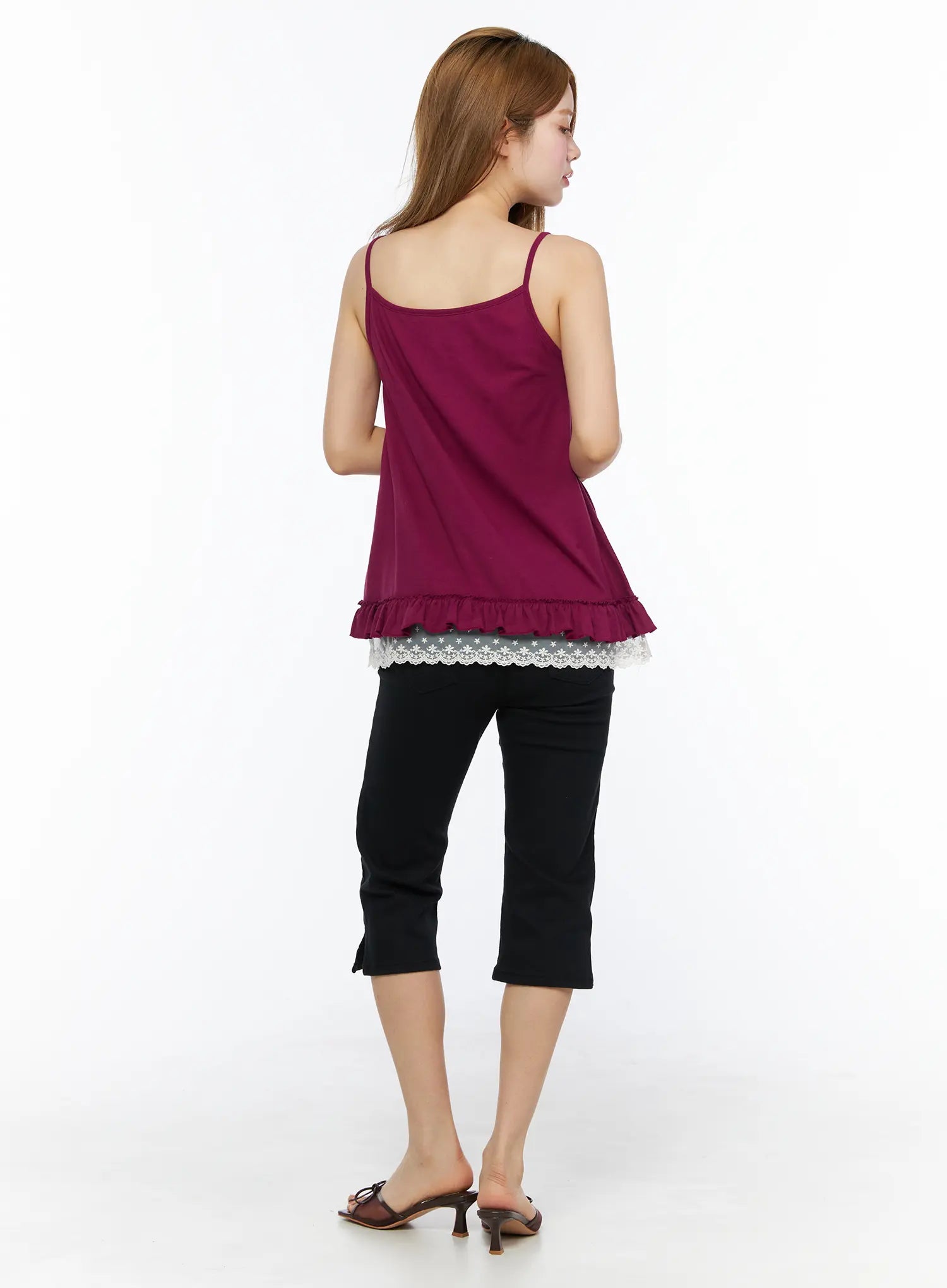 Lace Trim Cami Top CL502 Dark red full-length back view on model showing spaghetti straps, ruffle hem and lace trim, black cropped pants