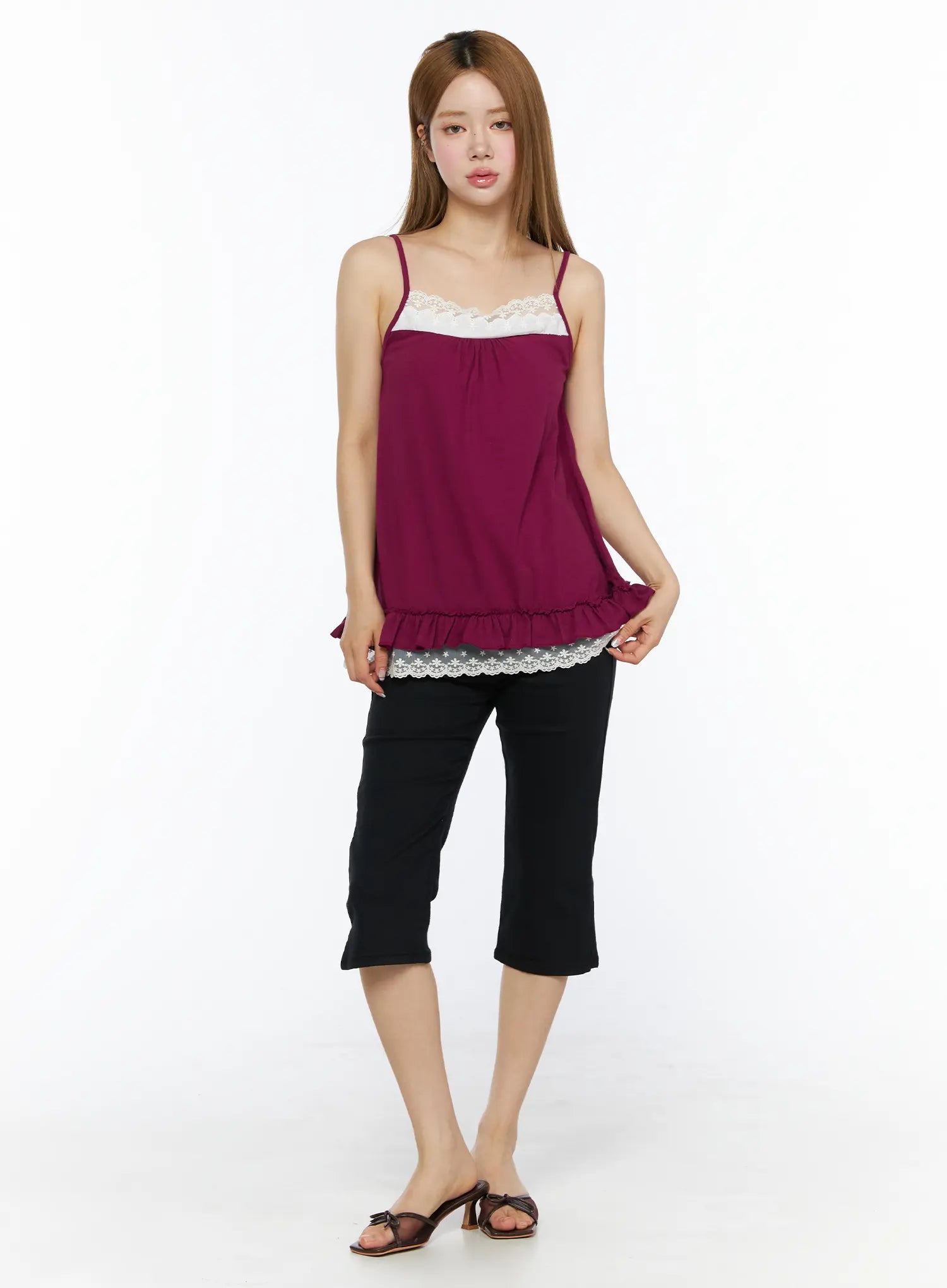 Lace Trim Cami Top CL502 Dark red full-length front view on model styled with black cropped pants and heeled sandals, lace trim details