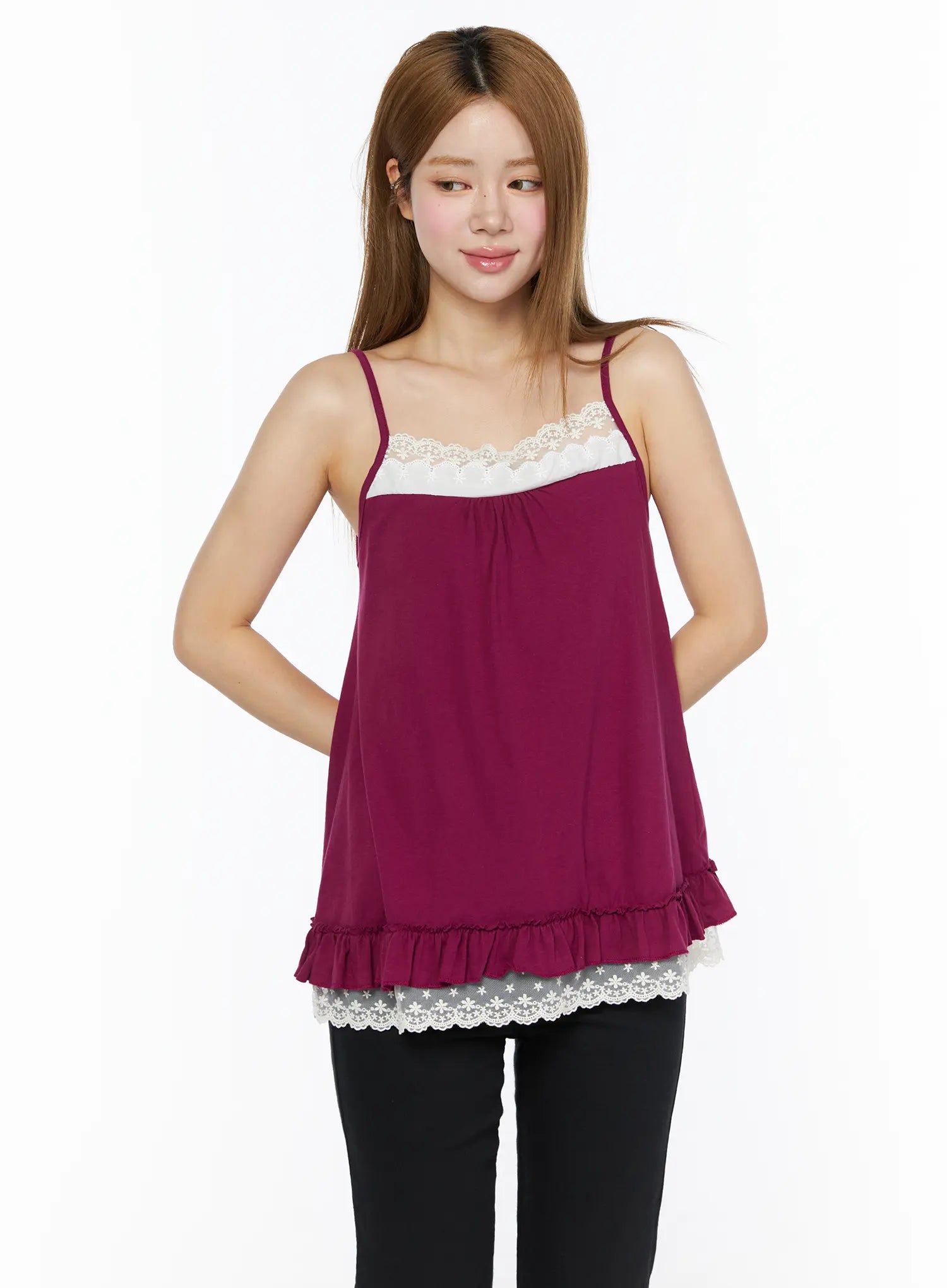 Lace Trim Cami Top CL502 Dark red three-quarter front view on model with slight turn, white lace chest trim and lace ruffle hem, black pants