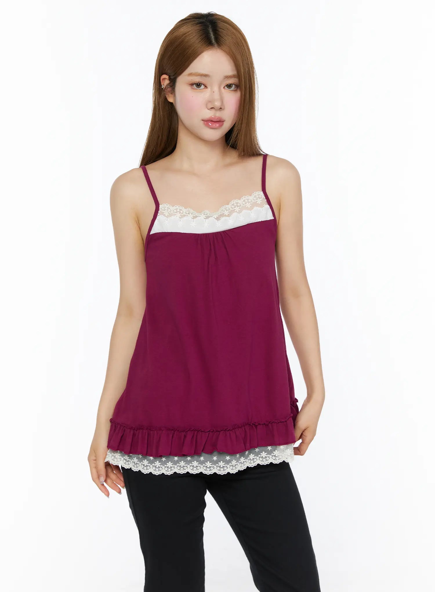 LEWKIN Lace Trim Cami Top CL502 Dark red front view on model wearing black pants, white lace chest panel and ruffle lace hem detail, S/M