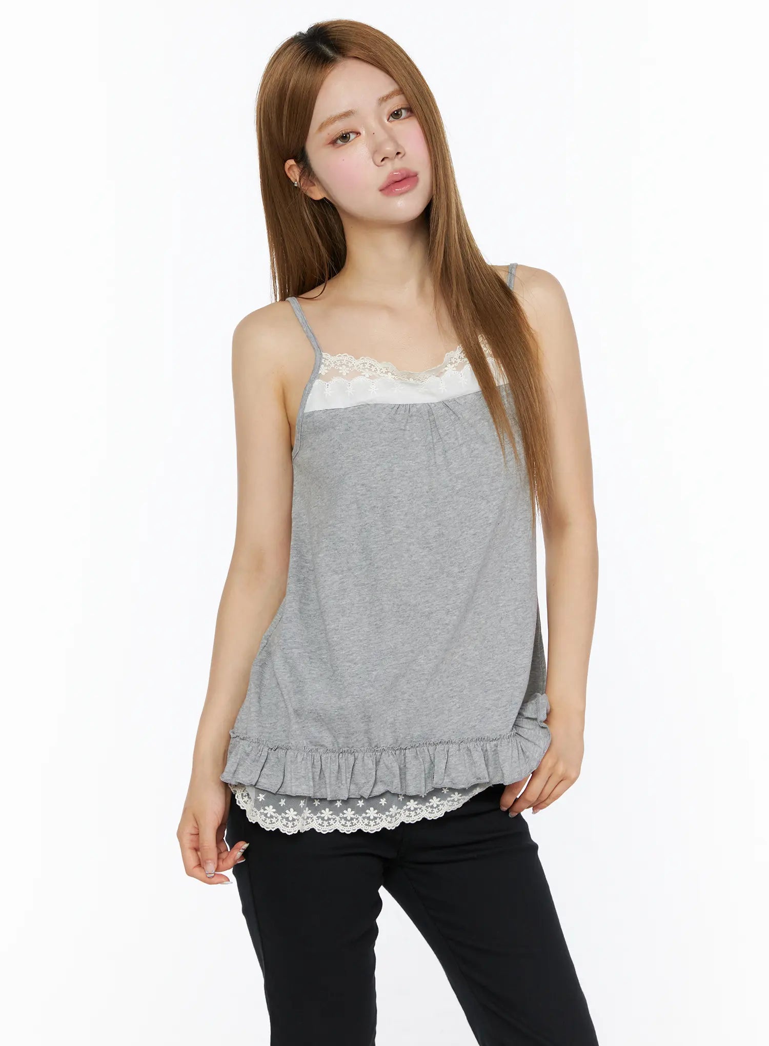 Lace Trim Cami Top CL502 in Gray, size S/M
