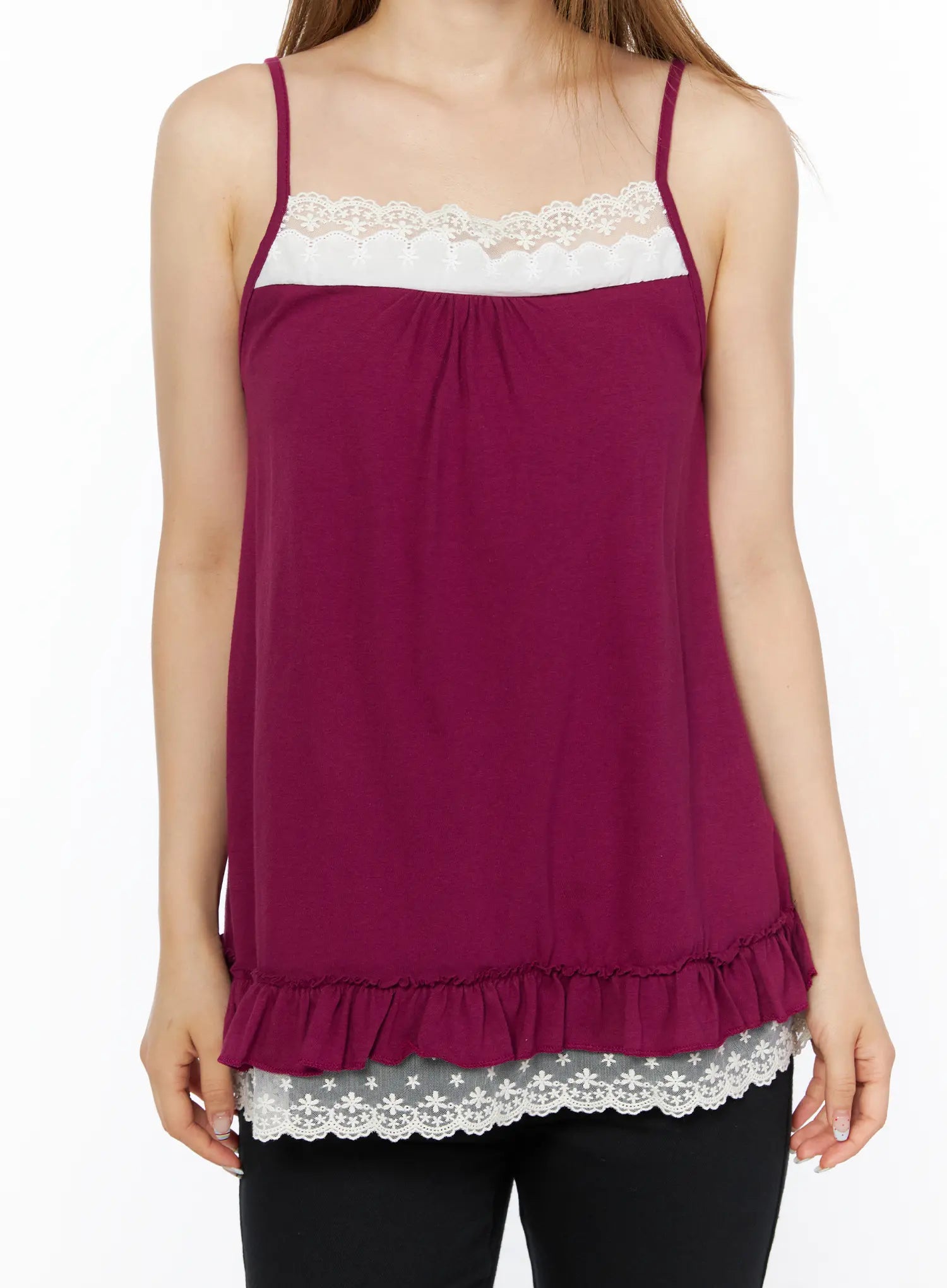 Lace Trim Cami Top CL502 Dark red close-up front view on model showing white lace chest panel, gathered neckline and ruffle floral lace hem