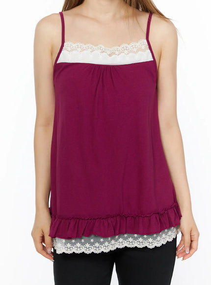 Lace Trim Cami Top CL502 Dark red close-up front view on model showing white lace chest panel, gathered neckline and ruffle floral lace hem