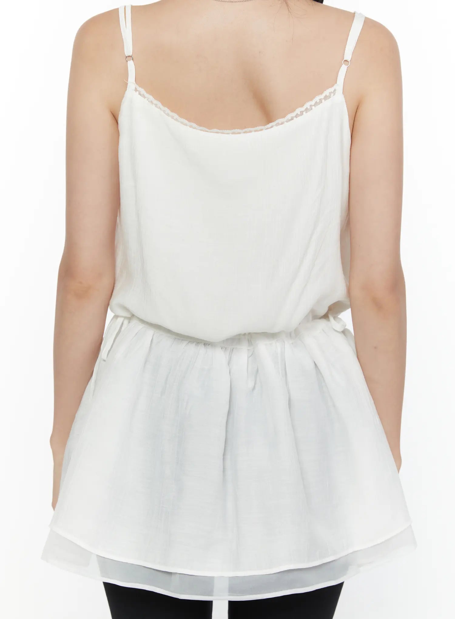 Lace Trim Cami Top CL520 White back close-up shot on headless model showing lace back neckline adjustable ring straps gathered waist and layered sheer hem