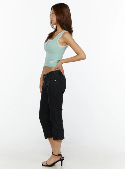 Lace-Trim Crop Tank Top CL515 Mint side model shot showing cropped ribbed silhouette lace-edged armhole and back neckline trim with black jeans