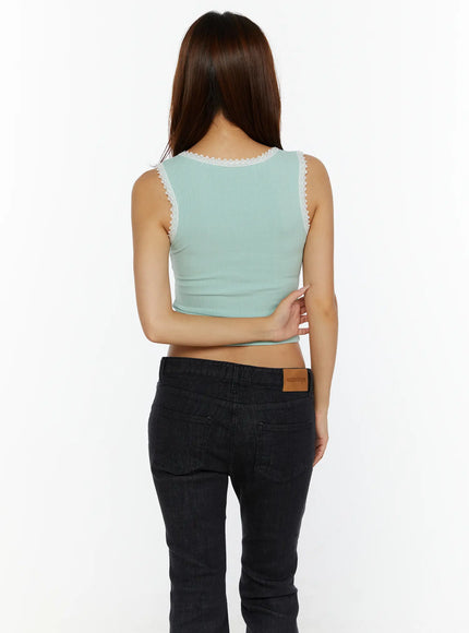 Lace-Trim Crop Tank Top CL515 Mint back model shot revealing clean ribbed back lace-trim neckline and strap edges paired with black denim
