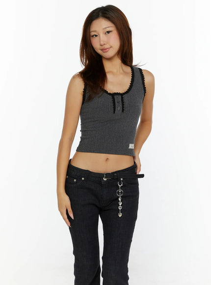 Lace-Trim Crop Tank Top CL515 in Dark gray, size S/M