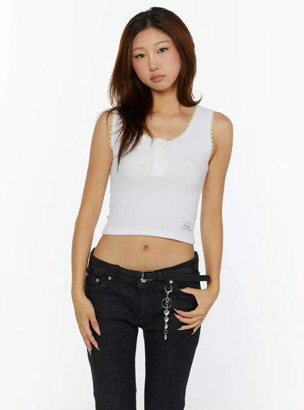 Lace-Trim Crop Tank Top CL515 in White, size S/M