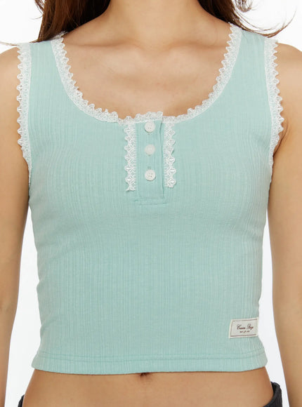 Lace-Trim Crop Tank Top CL515 Mint close-up front detail shot showing white lace trim neckline three snap buttons ribbed fabric and woven label